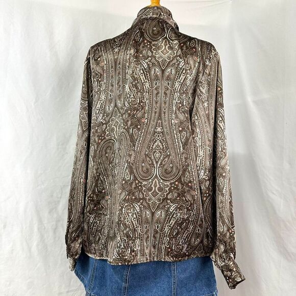 VTG 80s CASUAL CORNER Brown Pink‎ Satin Paisley Blouse Shawl Collar Womens 12 - Picture 5 of 5